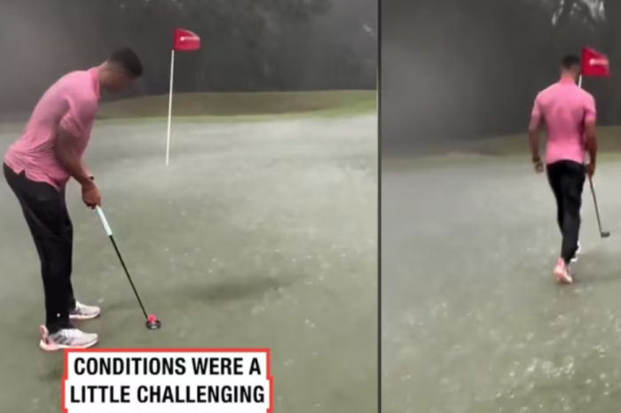 Un chico se vuelve viral al continuar jugando golf a pesar de las intensas lluvias