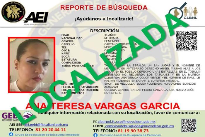 Confirma Policía de San Pedro localización de mujer desparecida